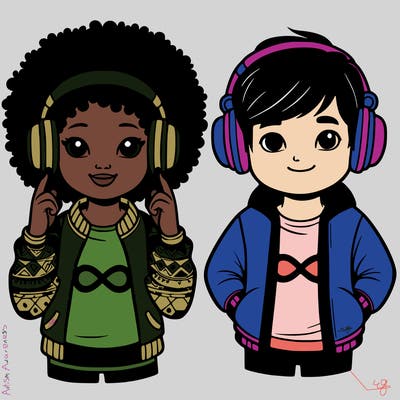 an afroamerican girl with headphones and a boy with headphones, they have an ♾️ symbol on their shirt