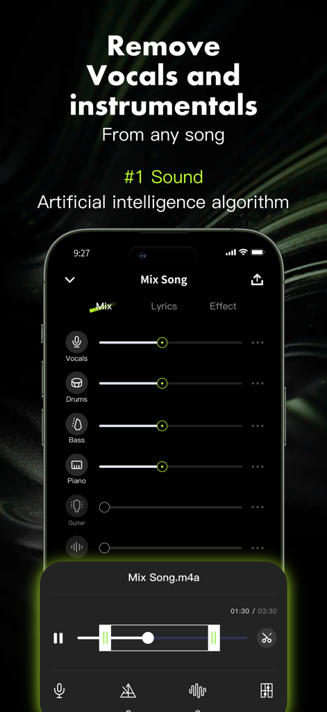 Stemify app interface showing AI vocal and instrumental separation sliders for drums, bass, and piano.