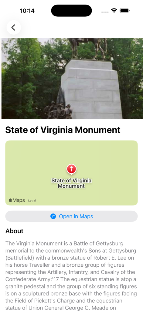 Battle of Gettysburg - Pantalla de la aplicación móvil que muestra detalles históricos y la ubicación del mapa interactivo del Monumento del Estado de Virginia en Gettysburg.
