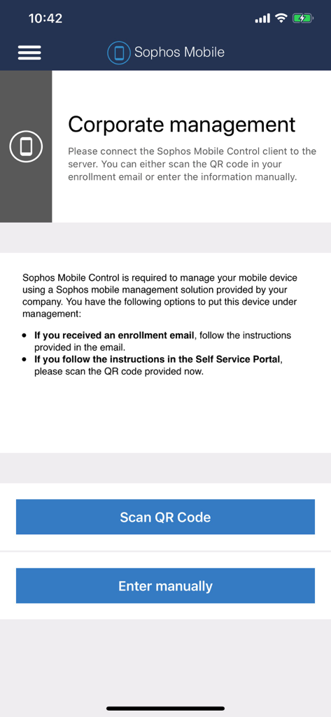 Sophos Mobile Control - Sophos Mobile Control corporate management enrollment screen with options to scan QR code or enter data manually