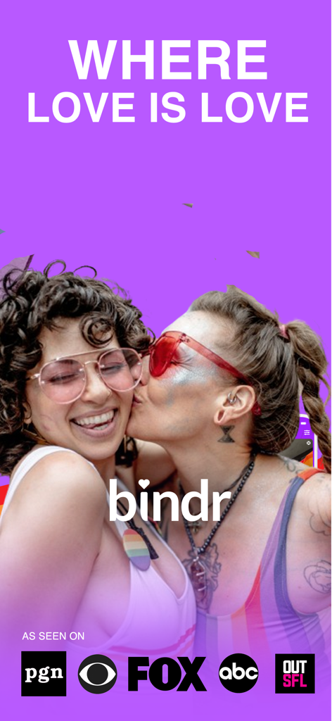 Bindr | Bisexual Dating App - Promotional image for Bindr bisexual dating app featuring a happy queer couple and the slogan Where Love is Love