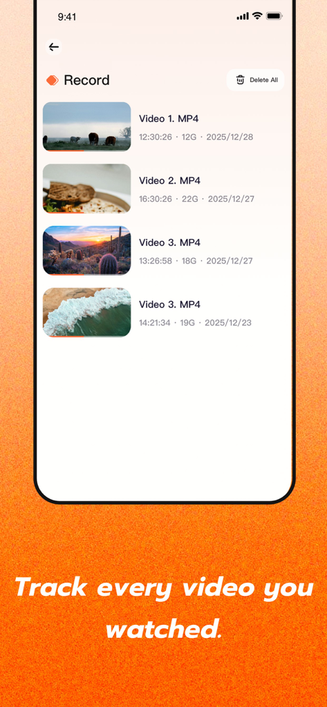 Pantalla de la aplicación móvil que muestra una lista de videos locales reproducidos recientemente con miniaturas y tamaños de archivo