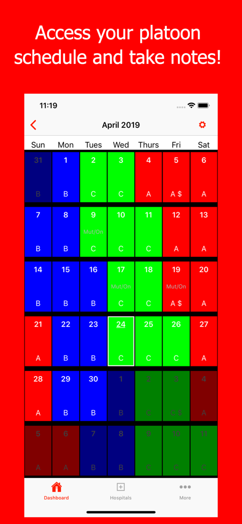 Mobile MDT - NYFD - Mobile MDT NYFD app showing a color-coded platoon shift schedule calendar for first responders.