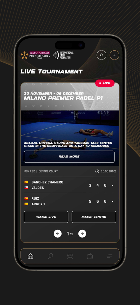 A mobile screen displaying live tournament match scores and news updates in the Premier Padel app.