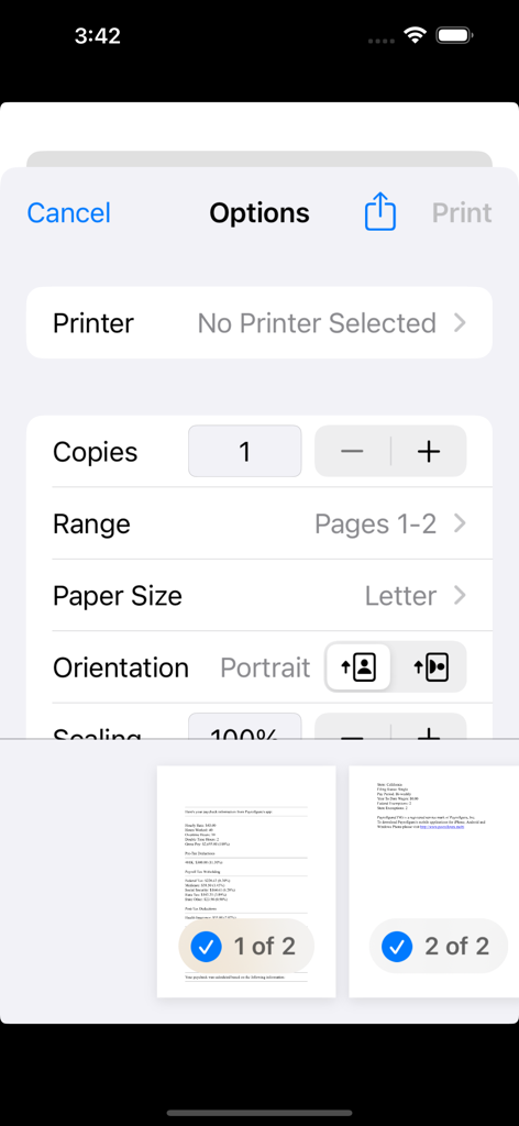 Opções de impressão e visualização de documentos para resultados de cálculo de folha de pagamento no aplicativo Payrollguru
