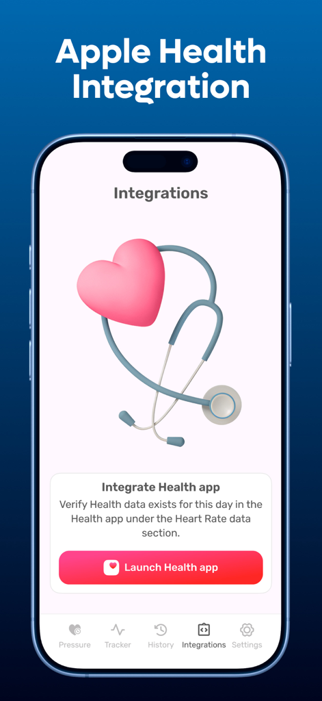 Blood Pressure・Heart Rate ECG - Screenshot of the Apple Health integration screen featuring a heart and stethoscope graphic with a button to launch the health app.