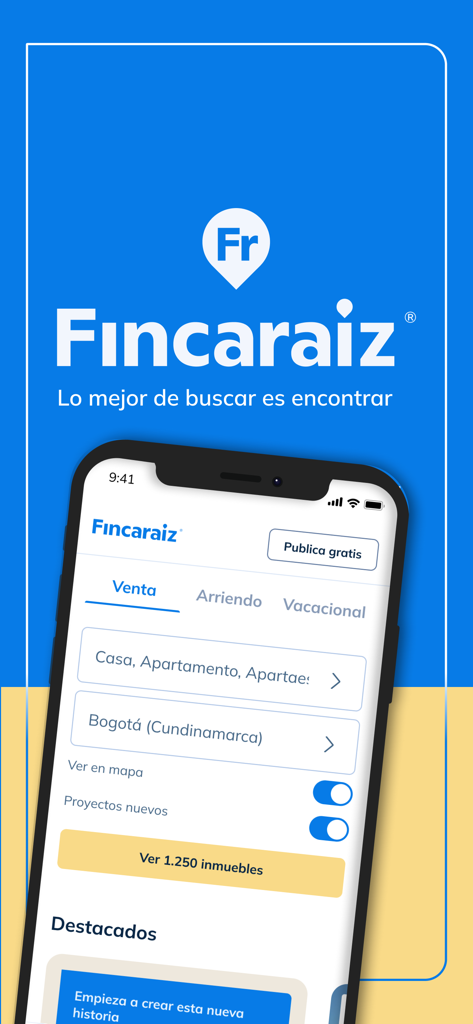 Finca Raiz - Arriendo y Venta - Smartphone displaying Finca Raiz real estate app search filters for properties in Colombia