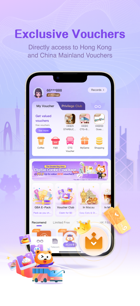 MyLink My Zone - MyLink mobile app screen showing exclusive vouchers for coffee, dining, and transportation in Hong Kong and Mainland China