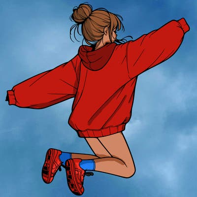 realistic girl jumping with a bun and oversized sweatshirt