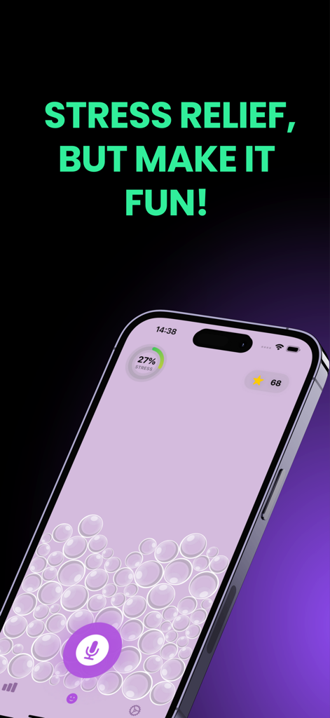 Scream Therapy - Scream Therapy app home screen showing a microphone icon and a stress level tracker with the text Stress relief but make it fun