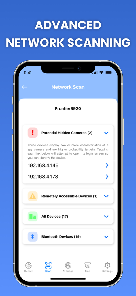 Hidden Camera Detector - Interfaz de la aplicación Hidden Camera Detector mostrando un escaneo de red en busca de dispositivos sospechosos y cámaras ocultas