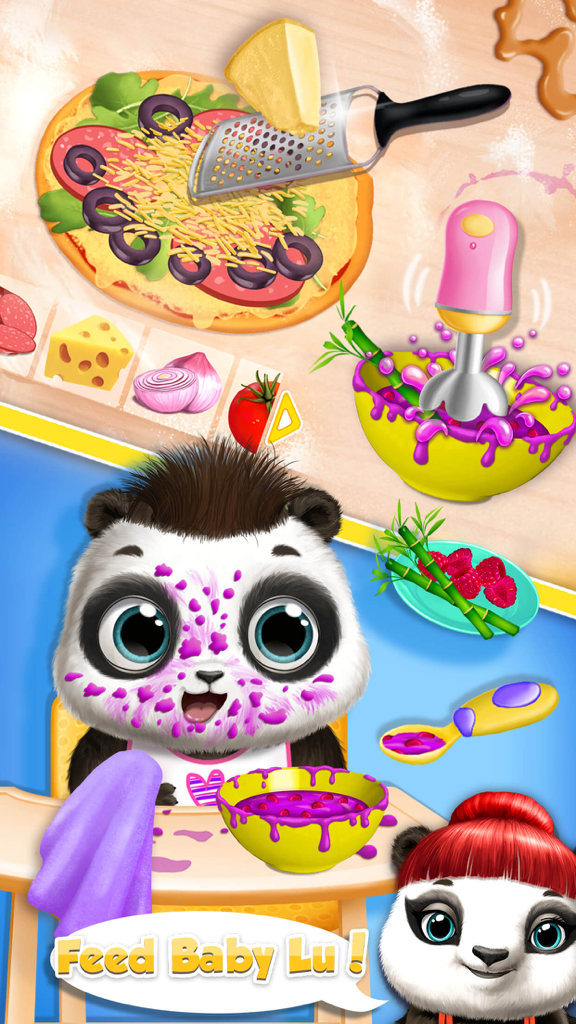 Panda Lu Baby Bear Care 2 - No Ads - Un bebé panda llamado Lu siendo alimentado con comida morada en una colorida cocina virtual