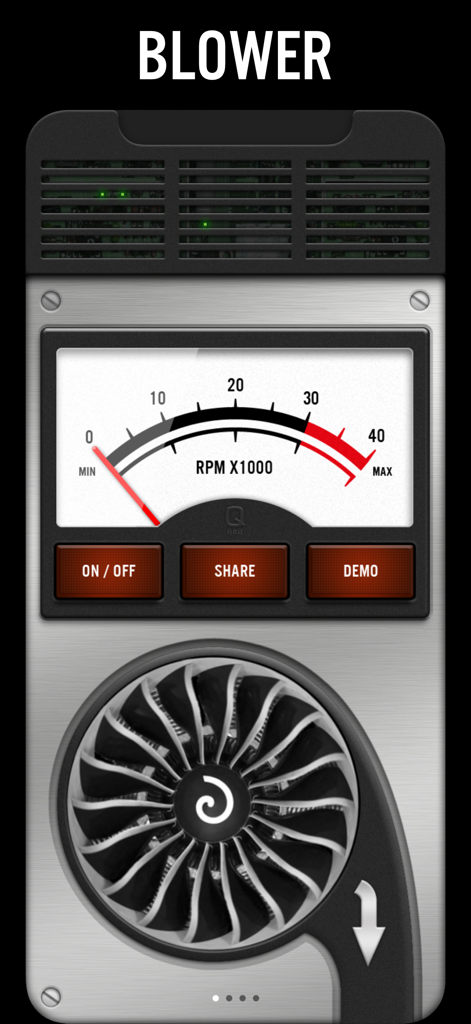 Blower - Blower app main screen featuring a vintage style RPM gauge and a fan rotor design.
