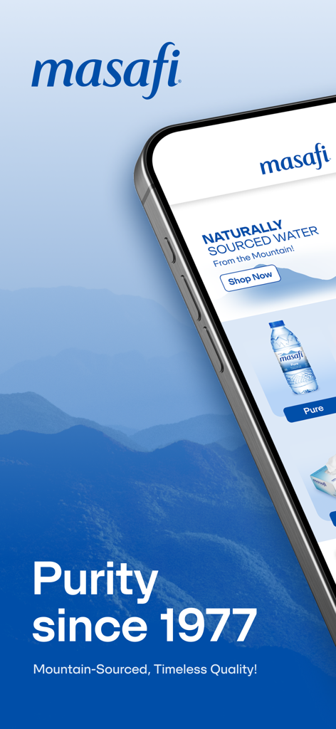 Masafi - Masafi app interface featuring mountain-sourced mineral water and the slogan Purity since 1977.