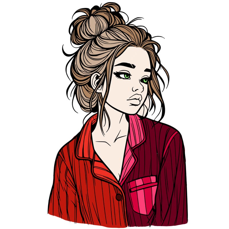 realistic woman with pajamas on and a messy bun