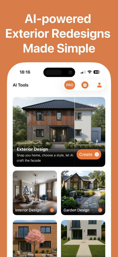 AI Exterior Home Design - Mobile app interface for AI powered exterior interior and garden home design