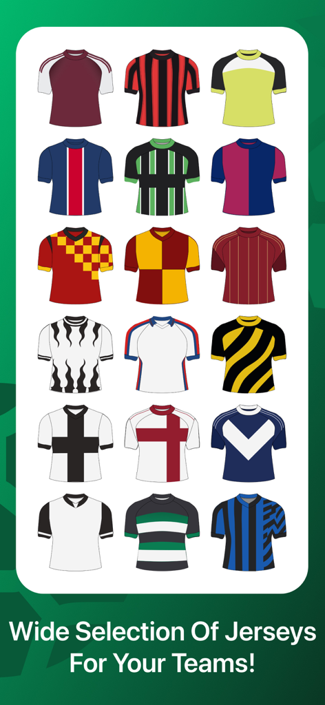 Una amplia selección de diseños de camisetas de fútbol personalizables con varios colores y patrones para alineaciones de equipo