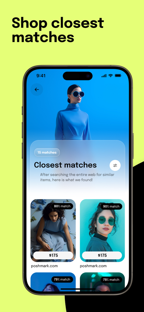 Screenshop mobile app interface displaying fashion matches with percentage scores and prices