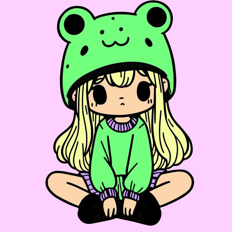 a girl wearing a frog hat and some frog socks