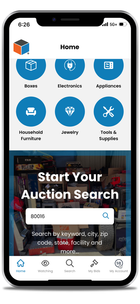 StorageTreasures app home screen featuring category filters like tools and jewelry with a zip code search bar for storage auctions