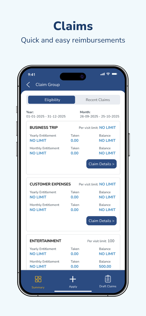 Infotech HRMS mobile app interface showing employee claims and reimbursement eligibility