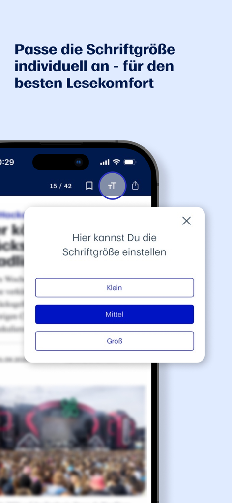 Interface of the MM News app showing options to customize the font size for reading