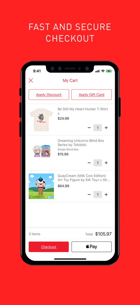 Mindzai Toy Shop - Pantalla del carrito de compras en la app Mindzai mostrando coleccionables de juguetes de diseñador y opciones de pago con Apple Pay