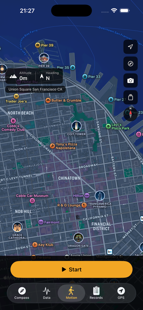 Compass: GPS Altimeter & Nav - App interface showing a navigation map of San Francisco with altitude and motion tracking features