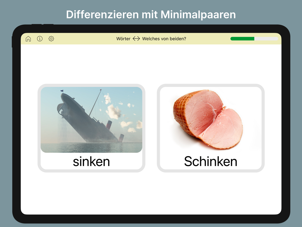Lexico Hören Pro - Aplicación Lexico Hoeren Pro en iPad que muestra un ejercicio de pares mínimos comparando las palabras sinken y Schinken con imágenes correspondientes