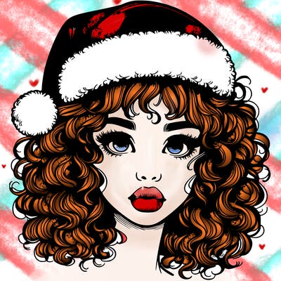 realistic girl with a santa hat curly hair and lips