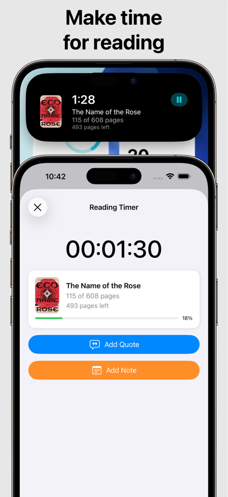 Book Tracker: Bookshelf log - IPhone interface showing the reading timer and live activity notification for the Book Tracker app.