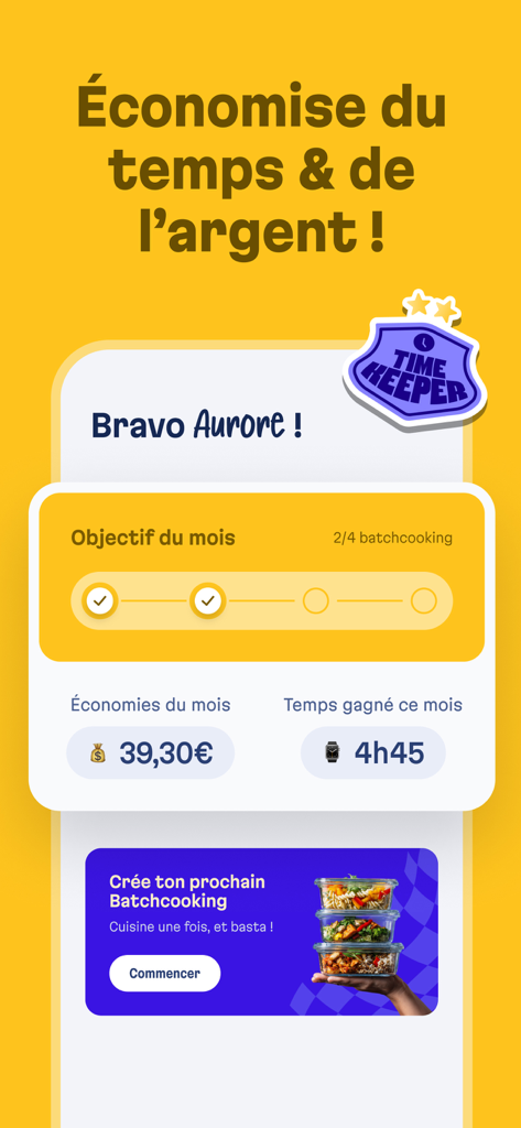 Basta app dashboard showing monthly savings and time saved statistics for meal prep