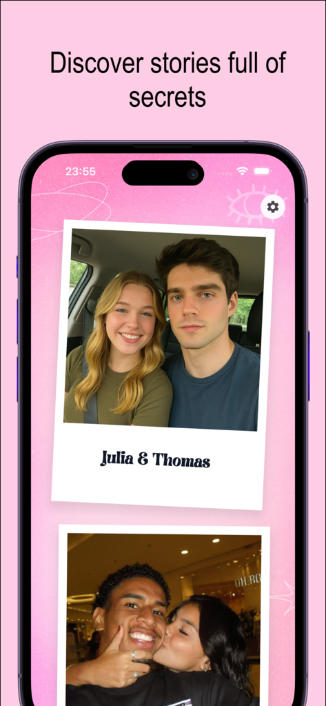 Interfaz del juego Stalkie mobile detective que muestra fotos de parejas y una indicación de historia de investigación secreta