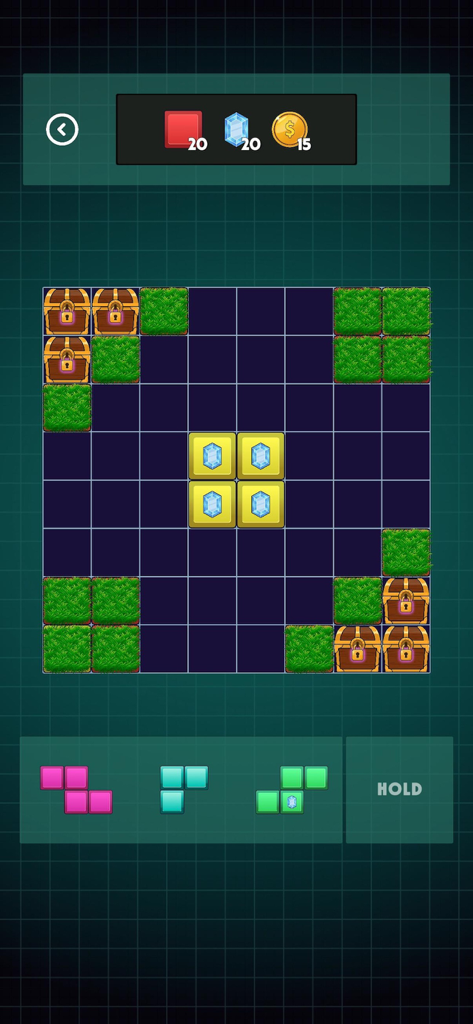 BrainBloq: Block Puzzle Game - In-game screenshot of BrainBloq showing a grid puzzle with treasure chests and gem blocks in Adventure Mode