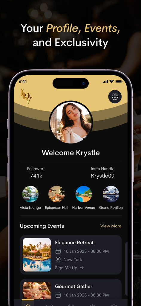 La dolce vita entertainment - Schermata del profilo utente che mostra follower sui social media e i prossimi eventi esclusivi dello stile di vita.