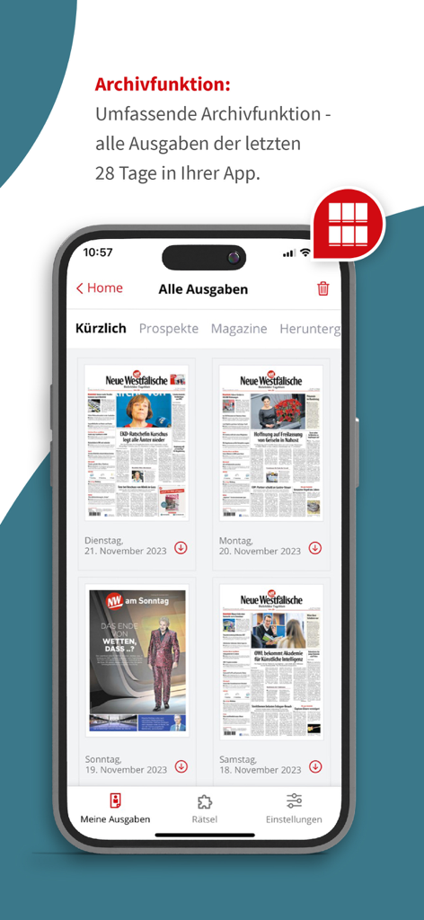 NW ePaper - NW ePaper App Bildschirm zeigt das digitale Archiv vergangener Zeitungsausgaben