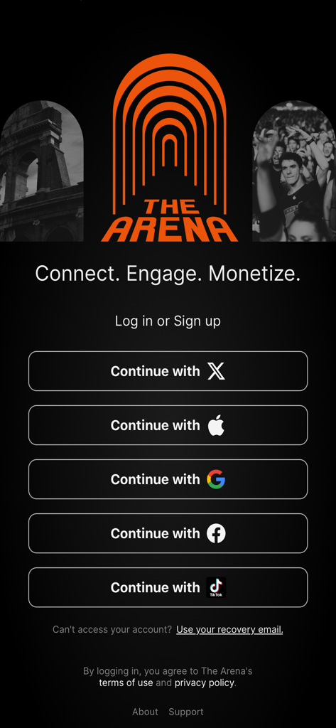 The Arena: SocialFi - The Arena SocialFi app login screen with various social media sign in options