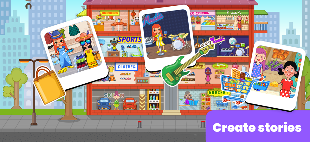 Cartoon shopping mall with multiple shops and characters for kids roleplay and storytelling