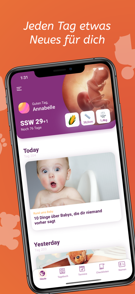 Babelli Schwangerschafts App - Babelli妊娠アプリのダッシュボード。3D胎児モデルと週ごとの進捗状況が表示されています。