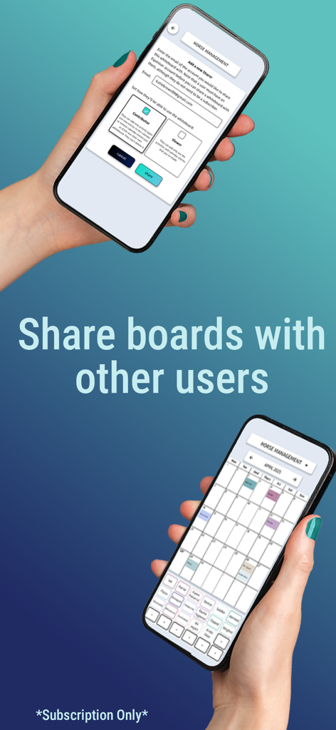 Equiniser - Two smartphones displaying the Equiniser app interface for sharing horse management boards and a digital calendar.