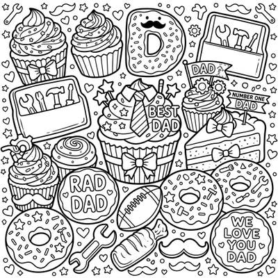 Get ready to color a delicious tribute to Dad with this Father's Day themed pastry page. Filled with cupcakes, donuts, and special messages, it's perfect for a sweet celebration.