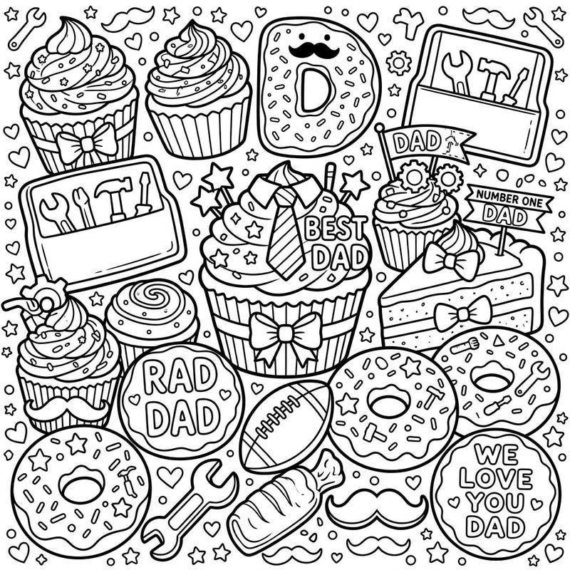 Get ready to color a delicious tribute to Dad with this Father's Day themed pastry page. Filled with cupcakes, donuts, and special messages, it's perfect for a sweet celebration.