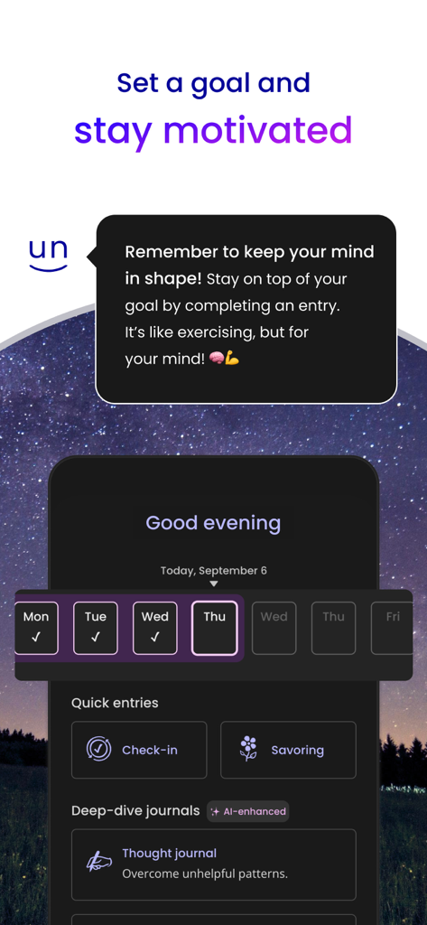 Unstuck: CBT Therapy Journal - Unstuck CBT Therapy Journal app screen showing goal setting and a weekly progress tracker.