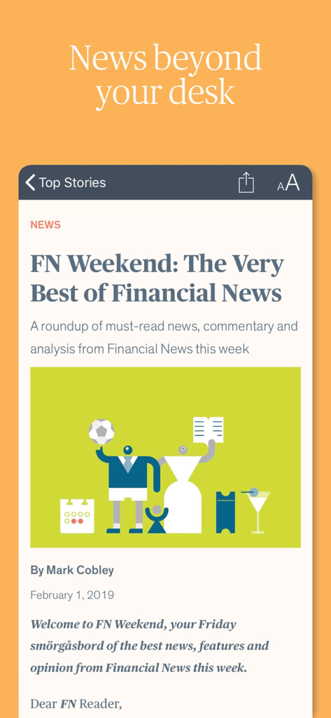 Financial News - Interfaz de la aplicación Financial News que muestra un artículo de resumen de noticias del fin de semana