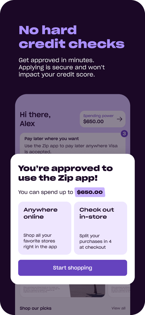 Zip - Buy Now, Pay Later - Captura de pantalla de la aplicación Zip que muestra una notificación de aprobación sin verificación de crédito estricta con un poder de gasto de 650 dólares