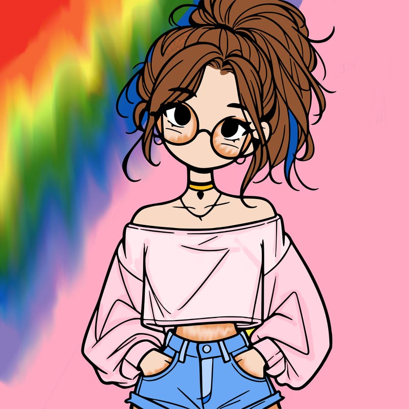 girl with a messy ponytail glasses a baggy crop top and jean shorts