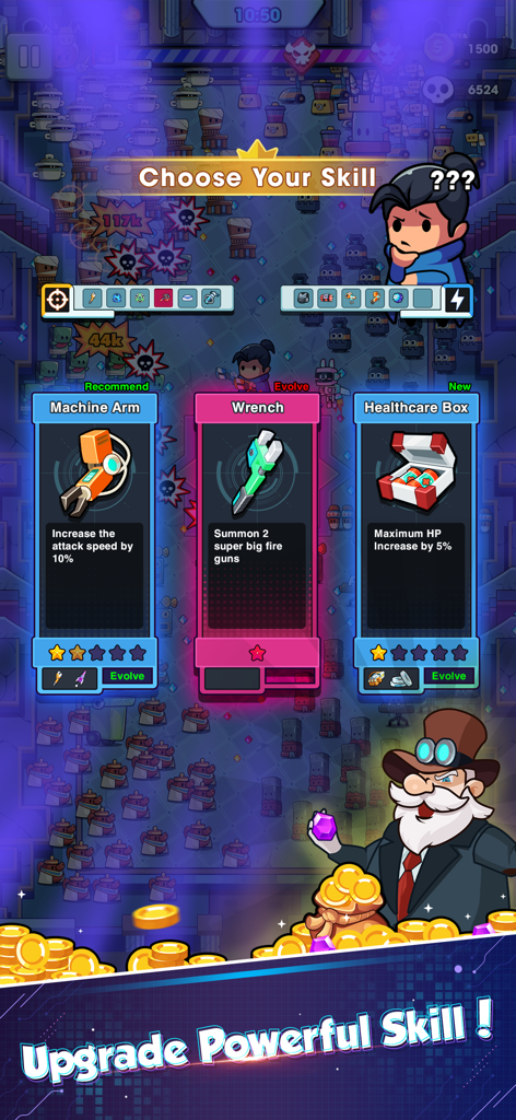 Pantalla del juego móvil Hero Survival IO 2 que muestra las opciones de mejora de habilidades para Brazo Mecánico, Llave Inglesa y Caja de Atención Médica.