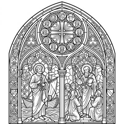 Unleash your creativity with this stunning stained glass window coloring page, rich with historical and religious details. Featuring saints, apostles, and intricate gothic patterns, it offers a deeply engaging artistic experience.