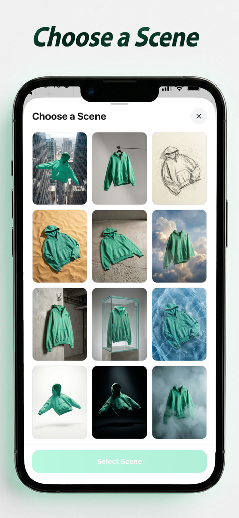 LayFlat - A mobile interface for the LayFlat app showing a grid of different AI-generated backgrounds and scenes for a green hoodie.
