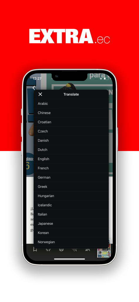 Una pantalla de teléfono móvil que muestra el menú de traducción de idiomas dentro de la aplicación de noticias Diario Extra.